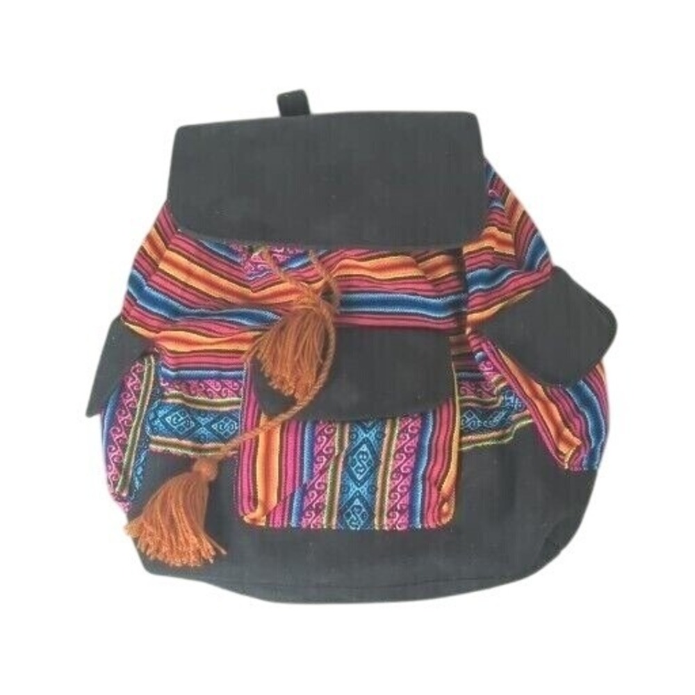 Vtg Handmade Guatemalan Woven Backpack‎ Stripe Mayan Folk Art Bag Tassels Hippie